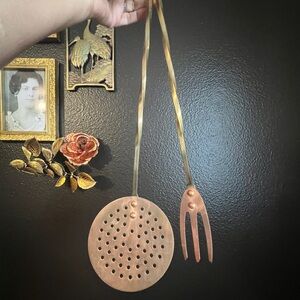 Vintage Copper Strainer and Fork Set